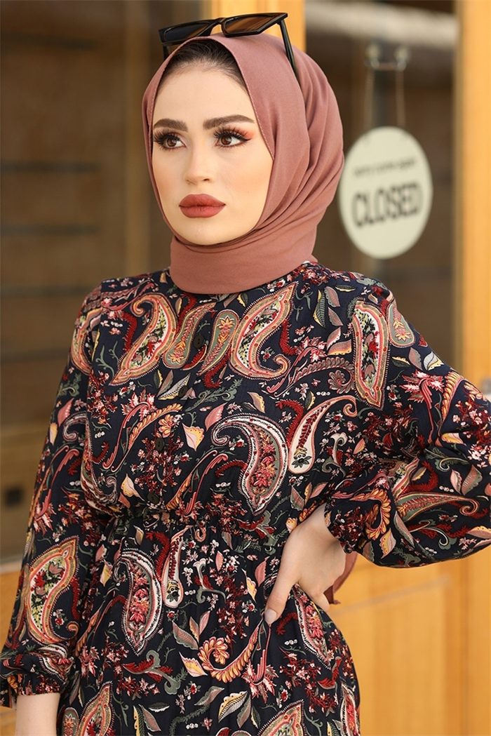 Karışık Şal Desen Elbise 534 - Siyah