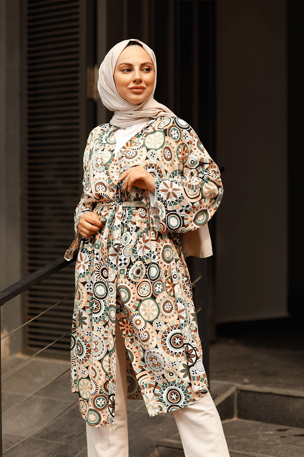 Karmaşık Çiçek Desen Kemerli Salaş Kimono - Haki
