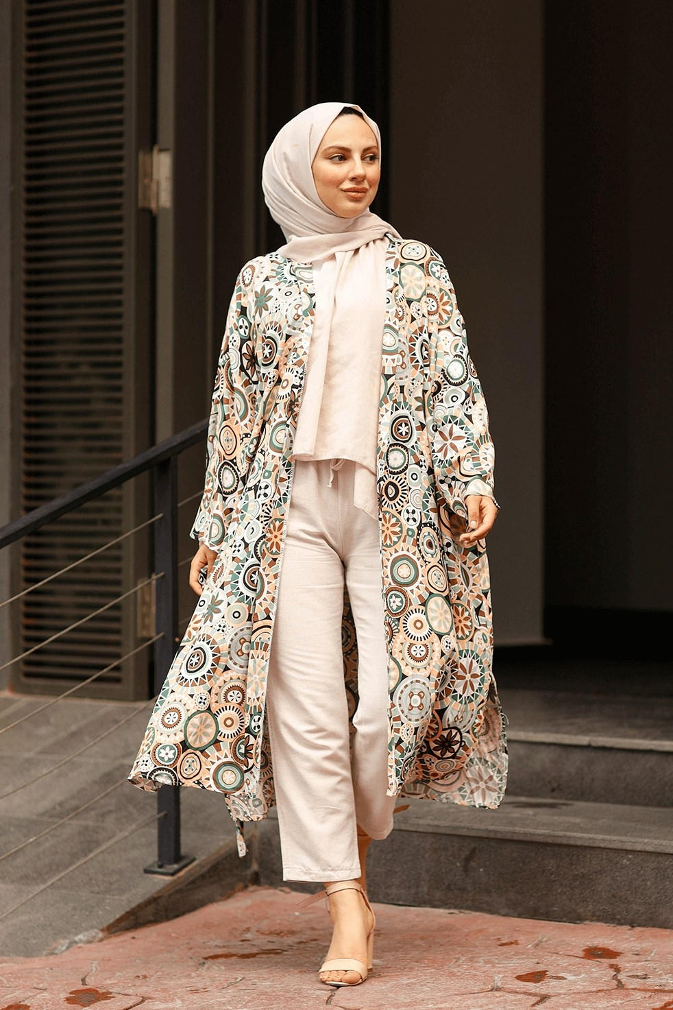 Karmaşık Çiçek Desen Kemerli Salaş Kimono - Haki