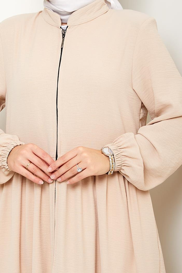 Kat Detaylı Fermuarlı Ferace 1586 - Bej