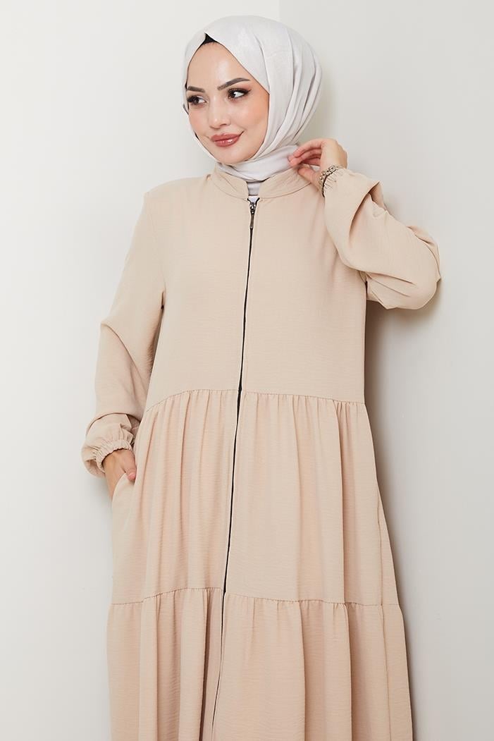 Kat Detaylı Fermuarlı Ferace 1586 - Bej