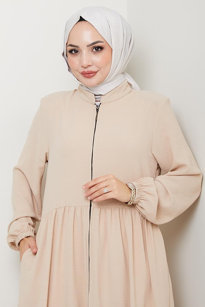 Kat Detaylı Fermuarlı Ferace 1586 - Bej