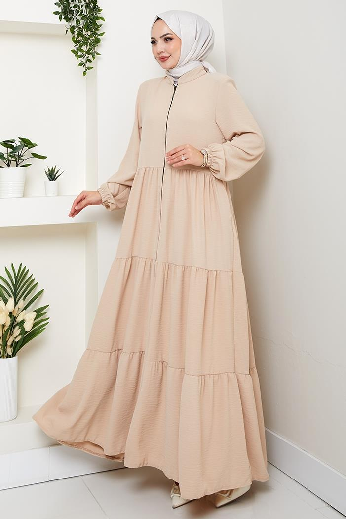 Kat Detaylı Fermuarlı Ferace 1586 - Bej