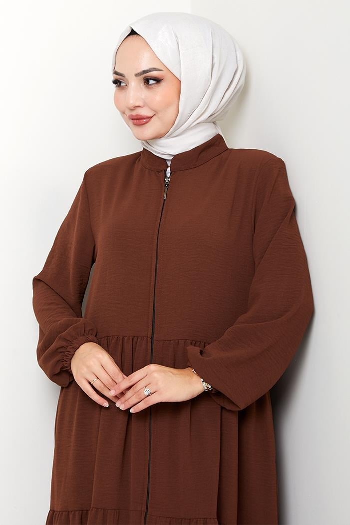 Kat Detaylı Fermuarlı Ferace 1586 - Kahve