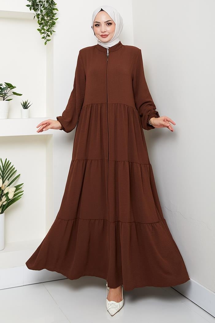 Kat Detaylı Fermuarlı Ferace 1586 - Kahve