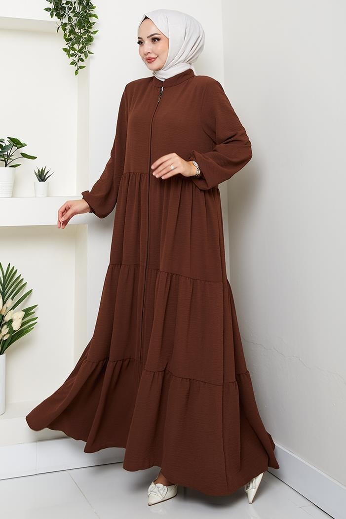 Kat Detaylı Fermuarlı Ferace 1586 - Kahve