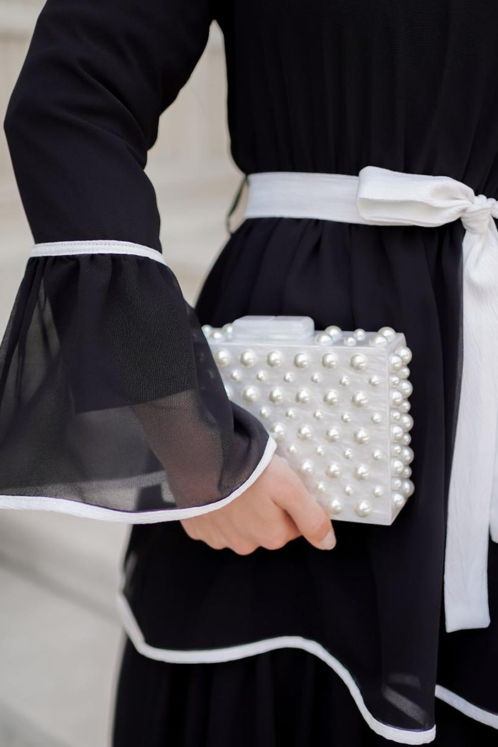 Kat Kat Kuşaklı Uzun Şifon Elbise 155 - Siyah