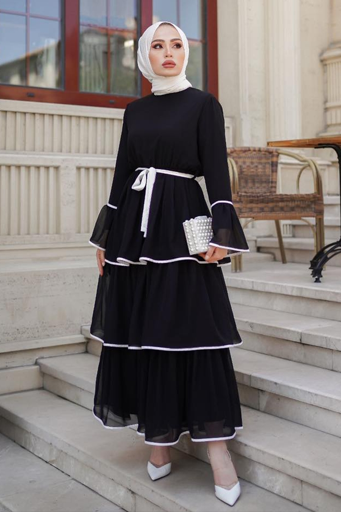 Kat Kat Kuşaklı Uzun Şifon Elbise 155 - Siyah