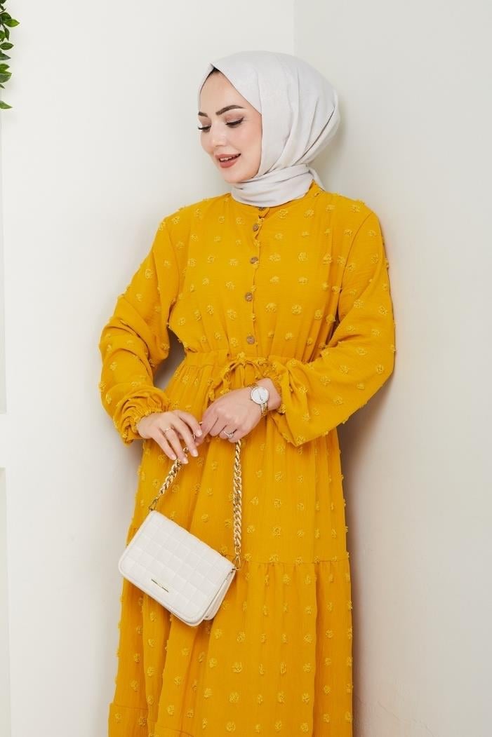 Katlı Ponponlu Ayrobin Elbise 1550 - Hardal