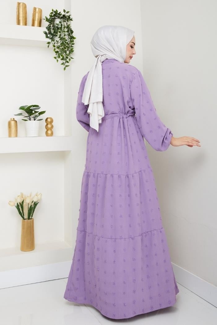 Katlı Ponponlu Ayrobin Elbise 1550 - Lila
