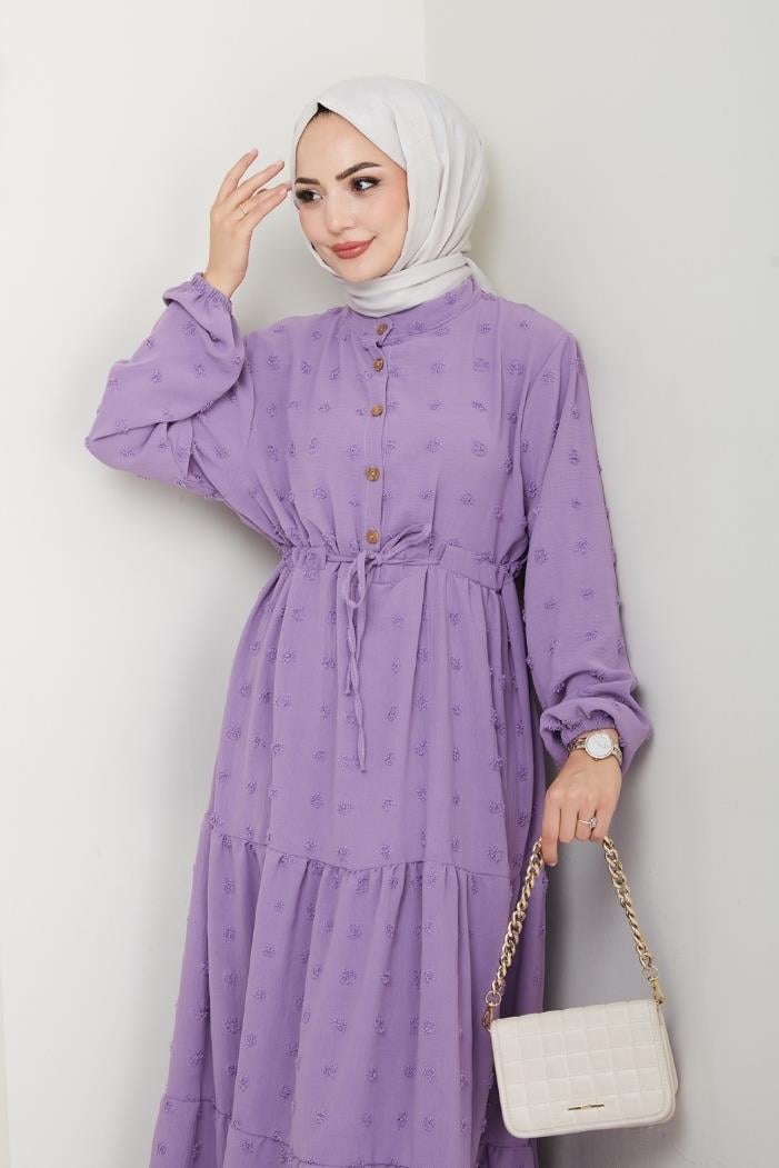 Katlı Ponponlu Ayrobin Elbise 1550 - Lila