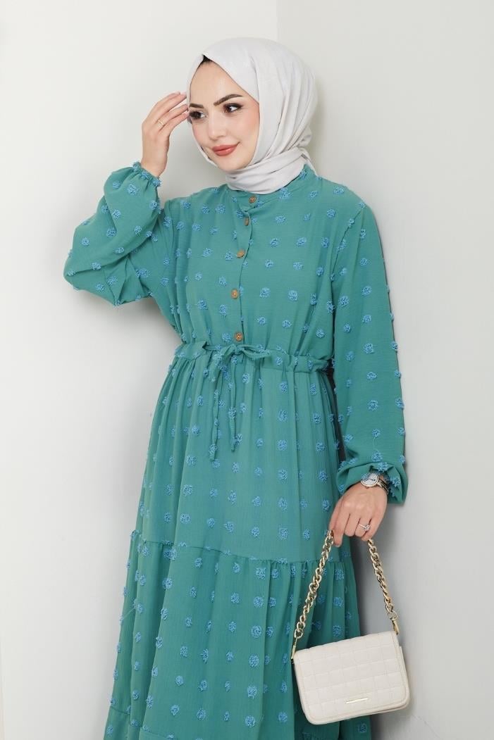 Katlı Ponponlu Ayrobin Elbise 1550 - Mint