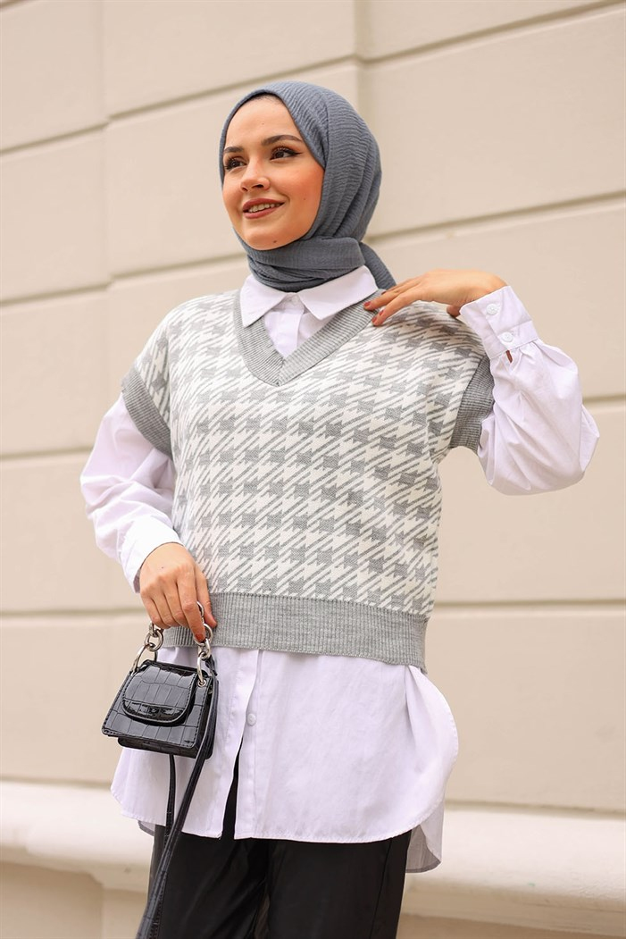 Kazayağı Desen V Yaka Süveter - Gri