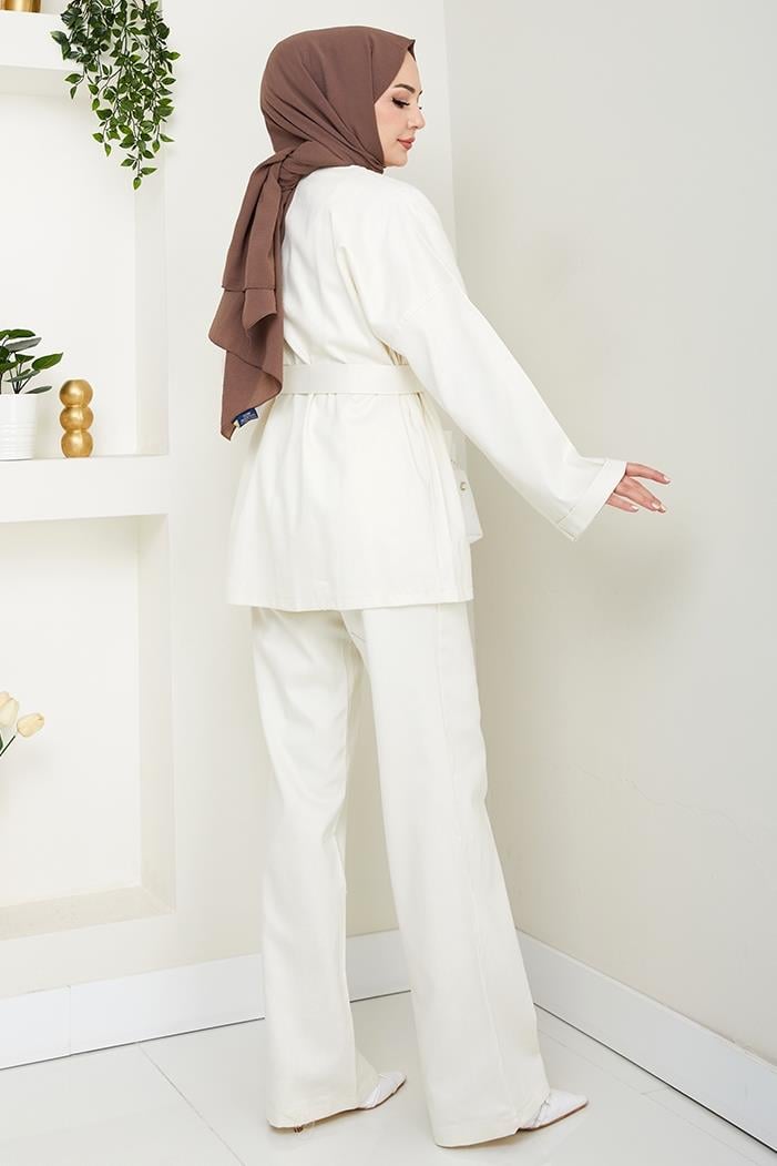 Kemerli Ceket Pantolon Gabardin Takım 1557 - Ekru