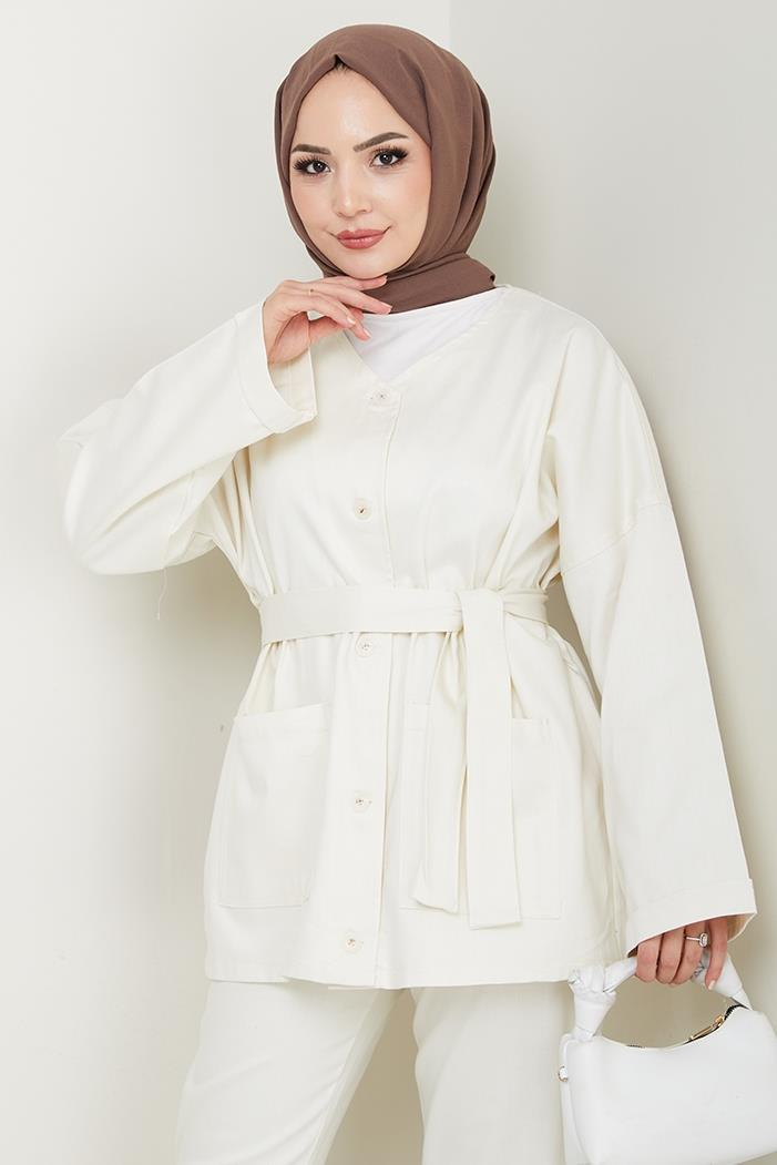 Kemerli Ceket Pantolon Gabardin Takım 1557 - Ekru
