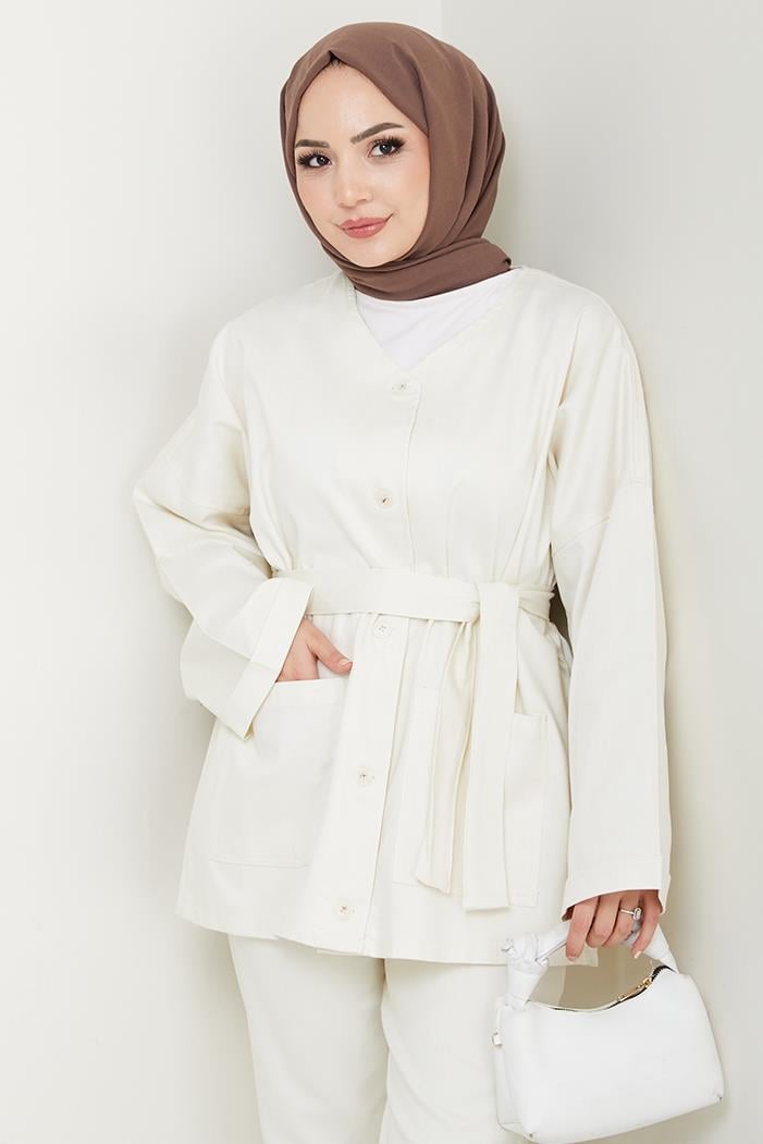 Kemerli Ceket Pantolon Gabardin Takım 1557 - Ekru