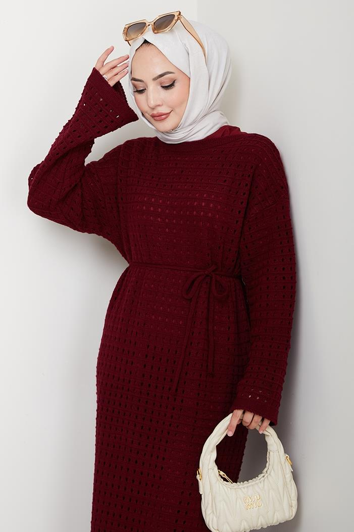 Kemerli Dantel Detay Astarlı Triko Elbise 1602 - Bordo