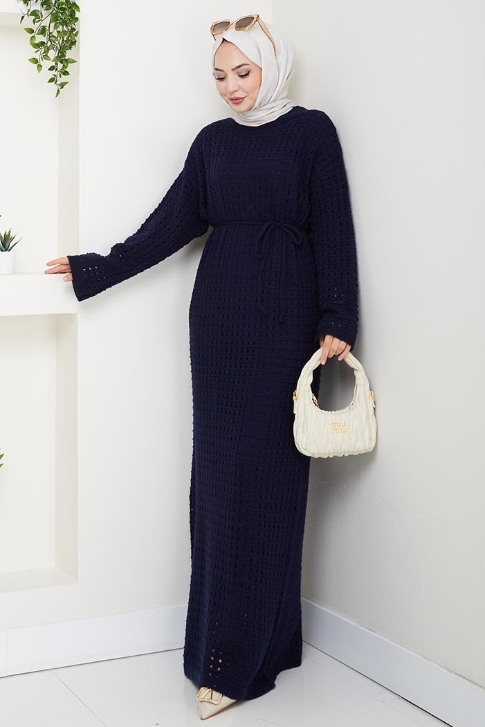 Kemerli Dantel Detay Astarlı Triko Elbise 1602 - Lacivert