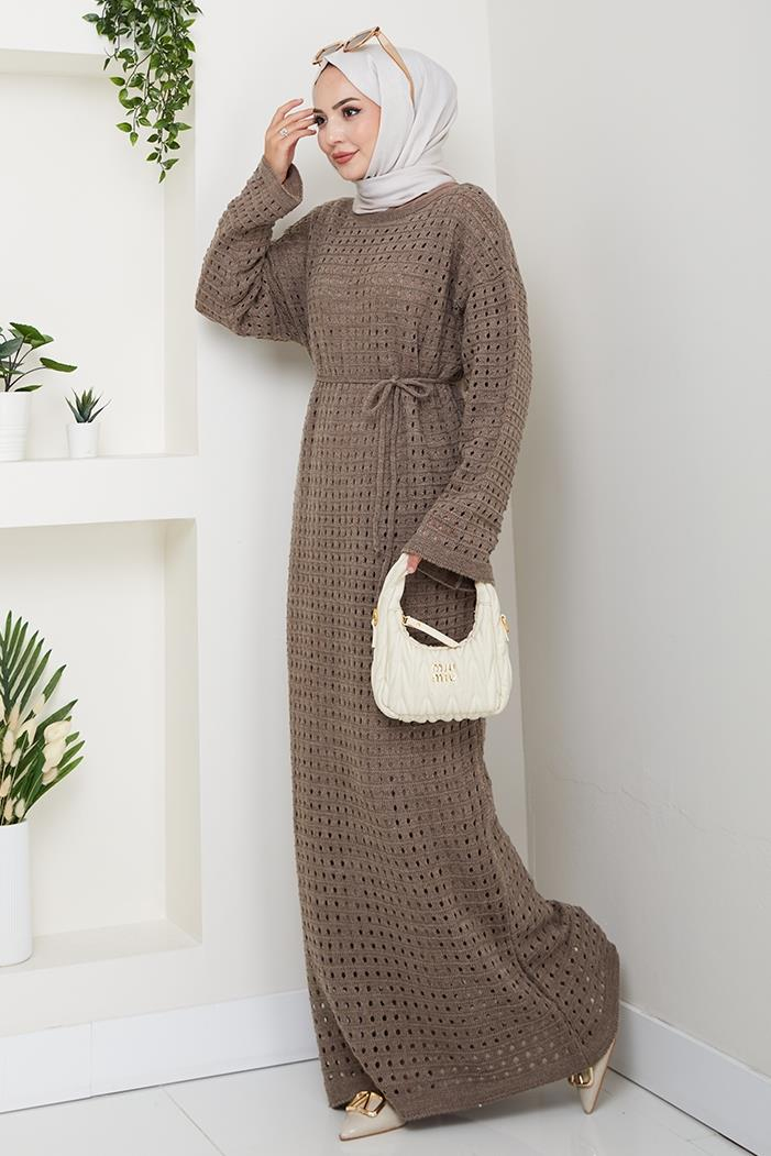 Kemerli Dantel Detay Astarlı Triko Elbise 1602 - Açık Kahve