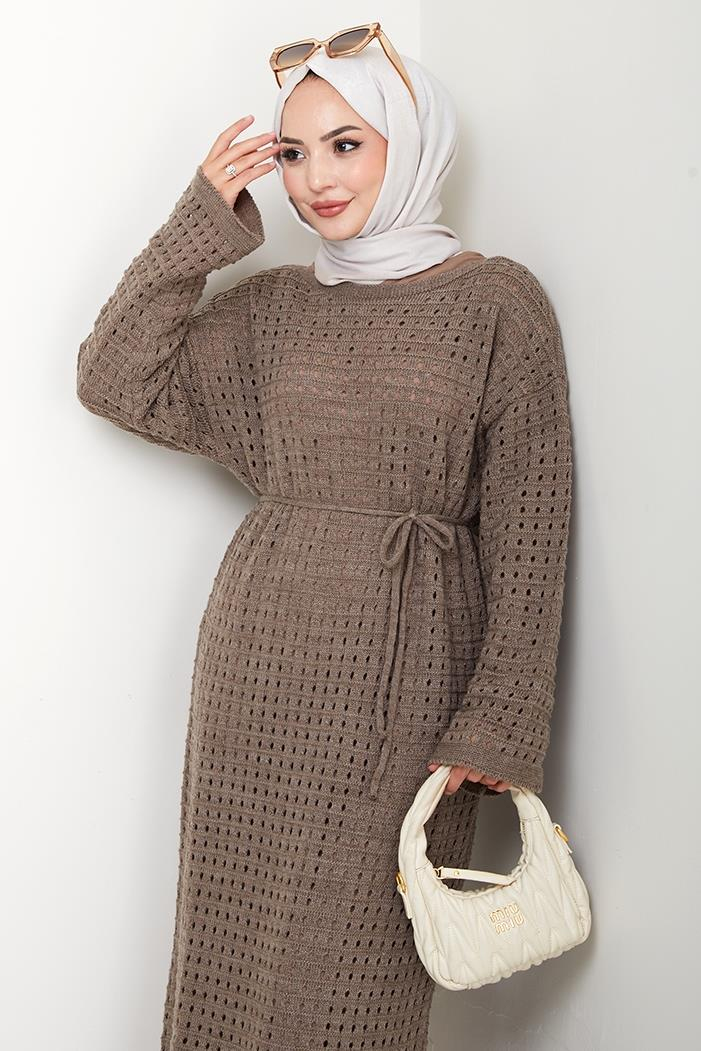 Kemerli Dantel Detay Astarlı Triko Elbise 1602 - Açık Kahve