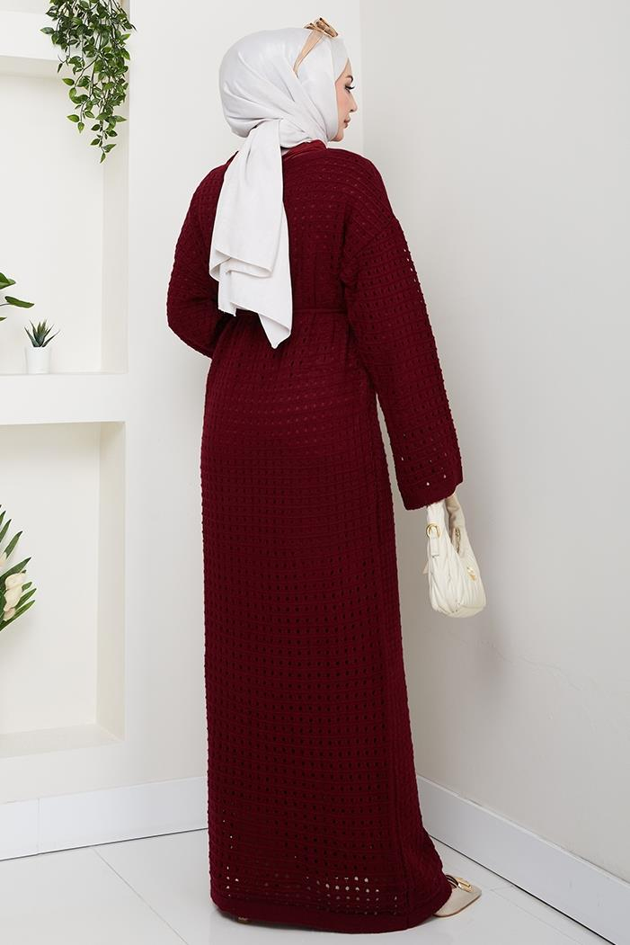 Kemerli Dantel Detay Astarlı Triko Elbise 1602 - Bordo