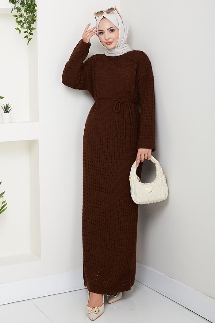 Kemerli Dantel Detay Astarlı Triko Elbise 1602 - Acı Kahve