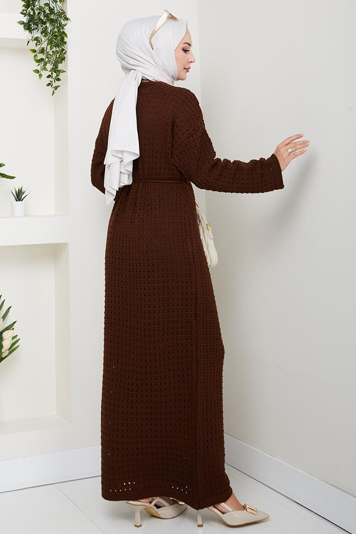 Kemerli Dantel Detay Astarlı Triko Elbise 1602 - Acı Kahve