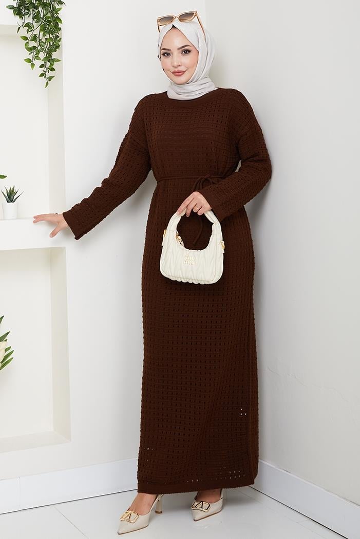 Kemerli Dantel Detay Astarlı Triko Elbise 1602 - Acı Kahve
