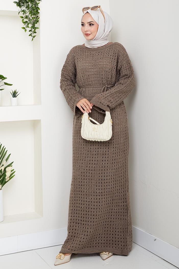 Kemerli Dantel Detay Astarlı Triko Elbise 1602 - Açık Kahve