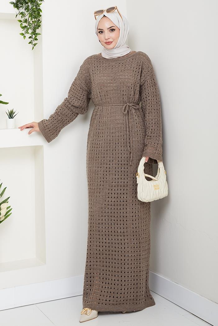 Kemerli Dantel Detay Astarlı Triko Elbise 1602 - Açık Kahve