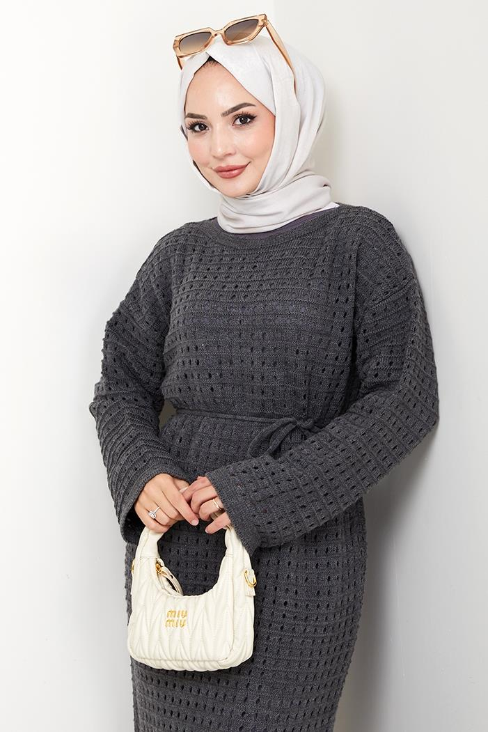 Kemerli Dantel Detay Astarlı Triko Elbise 1602 - Antrasit