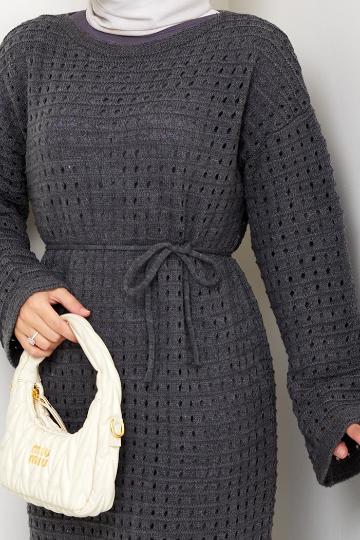 Kemerli Dantel Detay Astarlı Triko Elbise 1602 - Antrasit