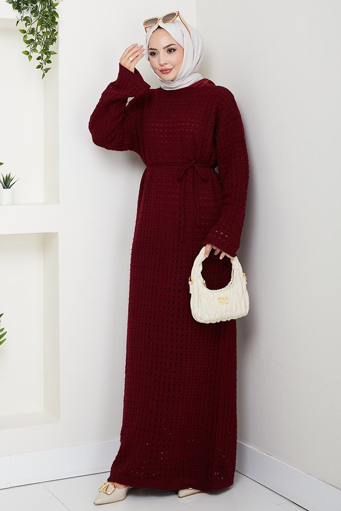 Kemerli Dantel Detay Astarlı Triko Elbise 1602 - Bordo