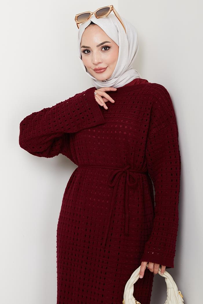 Kemerli Dantel Detay Astarlı Triko Elbise 1602 - Bordo