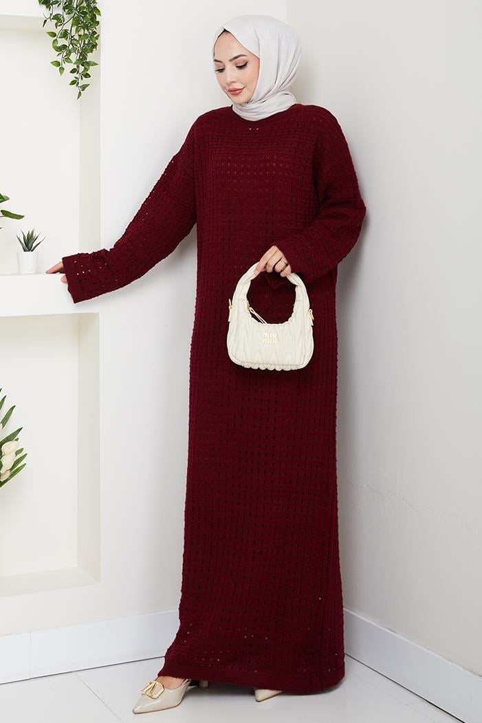 Kemerli Dantel Detay Astarlı Triko Elbise 1602 - Bordo