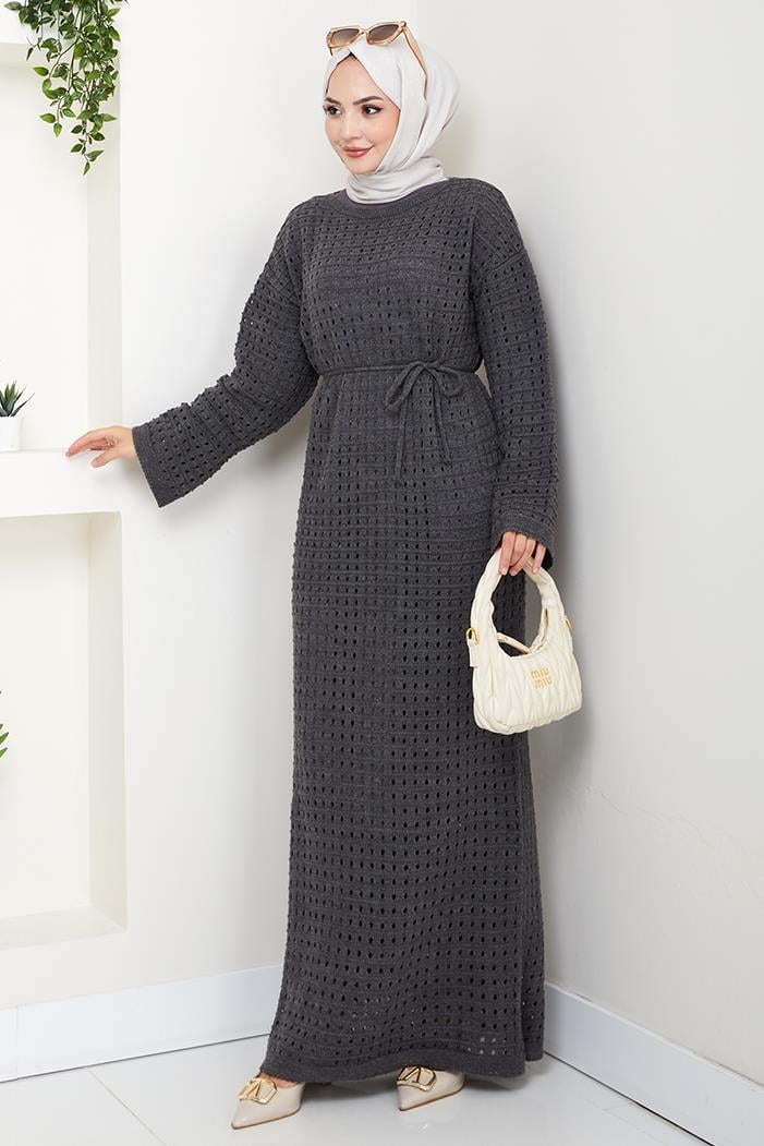 Kemerli Dantel Detay Astarlı Triko Elbise 1602 - Antrasit