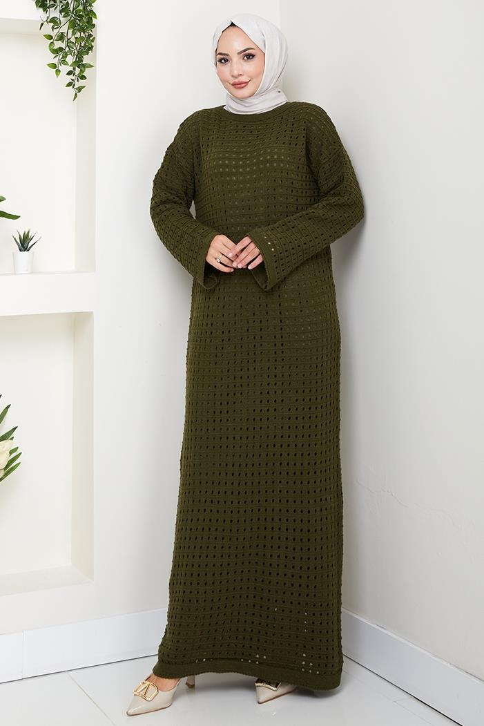 Kemerli Dantel Detay Astarlı Triko Elbise 1602 - Haki
