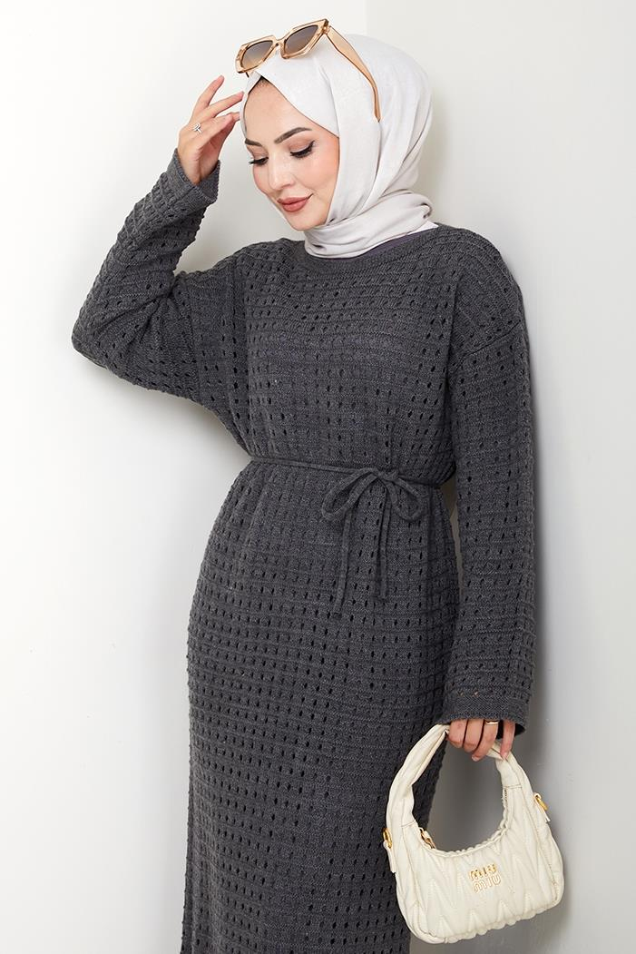 Kemerli Dantel Detay Astarlı Triko Elbise 1602 - Antrasit