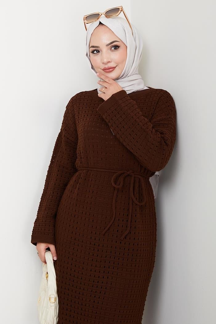 Kemerli Dantel Detay Astarlı Triko Elbise 1602 - Acı Kahve