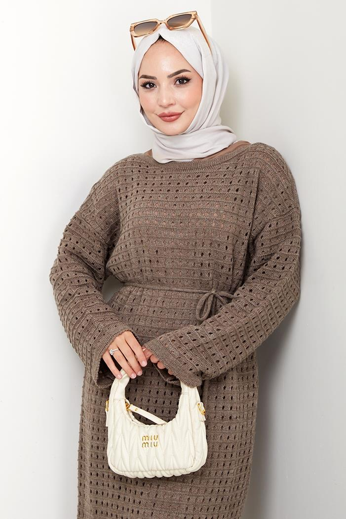 Kemerli Dantel Detay Astarlı Triko Elbise 1602 - Açık Kahve