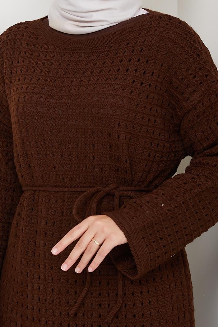 Kemerli Dantel Detay Astarlı Triko Elbise 1602 - Acı Kahve