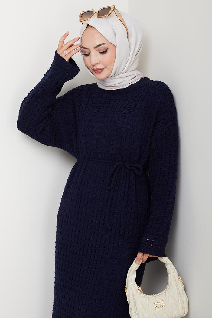 Kemerli Dantel Detay Astarlı Triko Elbise 1602 - Lacivert