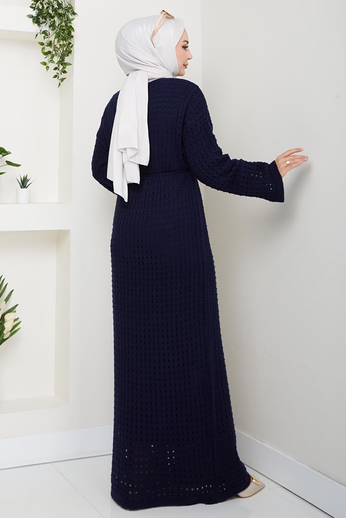 Kemerli Dantel Detay Astarlı Triko Elbise 1602 - Lacivert