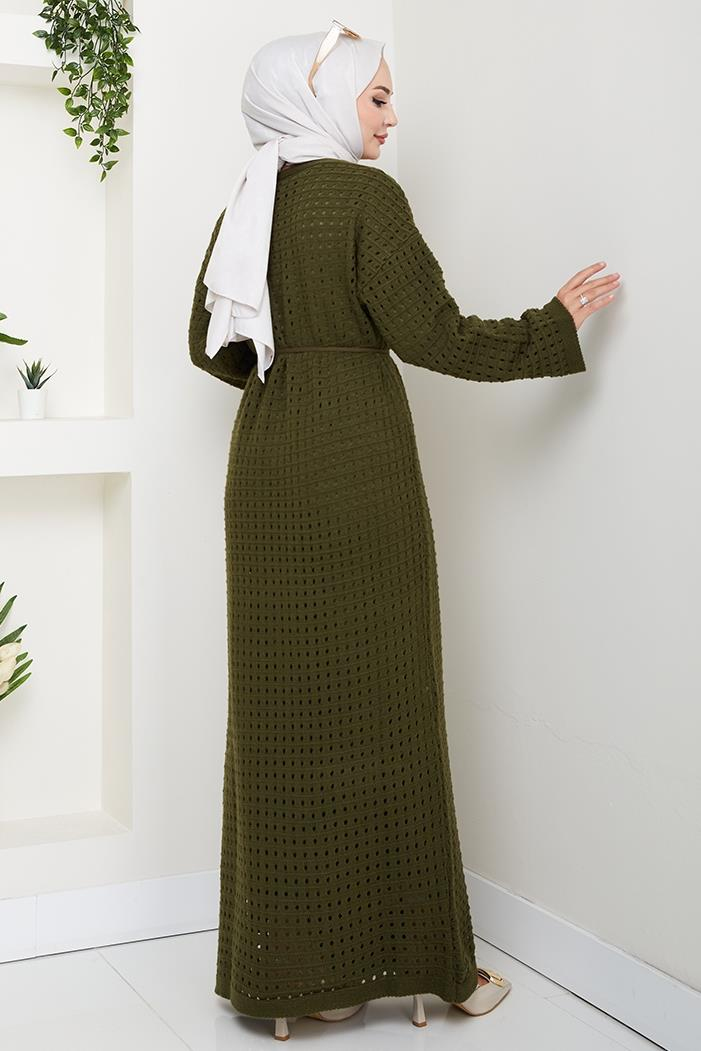 Kemerli Dantel Detay Astarlı Triko Elbise 1602 - Haki