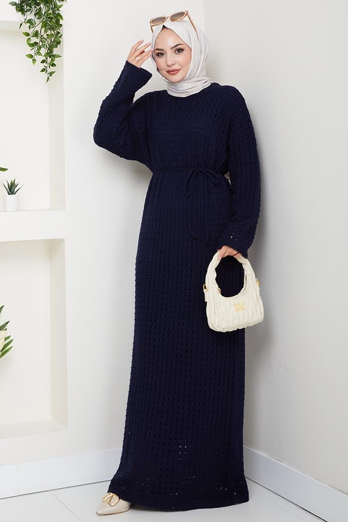 Kemerli Dantel Detay Astarlı Triko Elbise 1602 - Lacivert