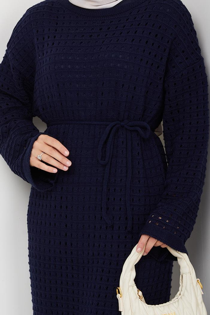 Kemerli Dantel Detay Astarlı Triko Elbise 1602 - Lacivert