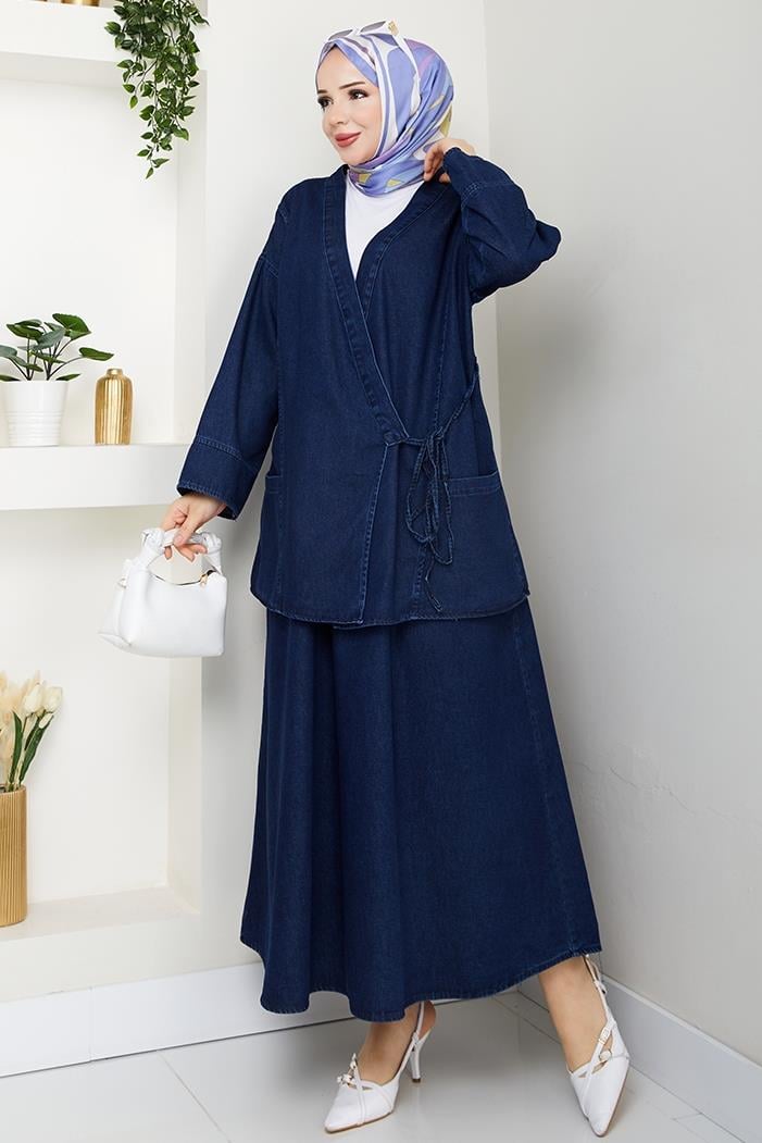 Kimono Etek İkili Kot Takım 1531 - Koyu Mavi