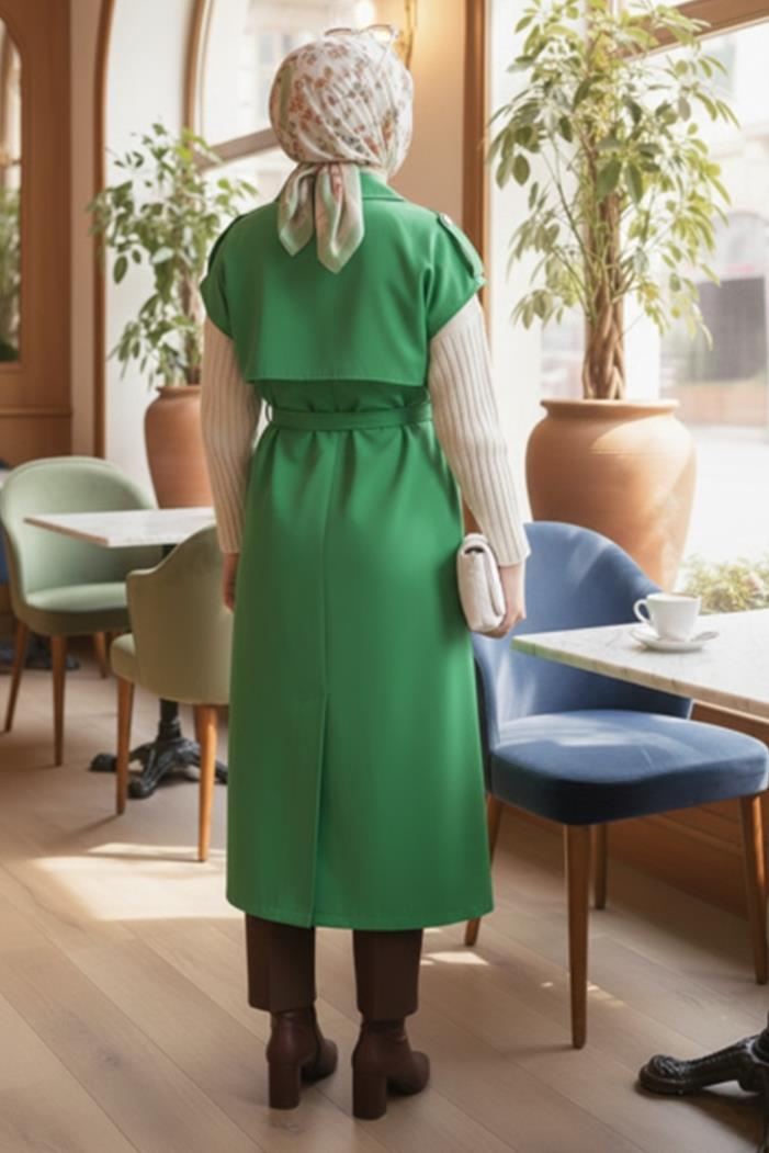 Kolsuz Oversize Kuşaklı Trençkot - Yeşil