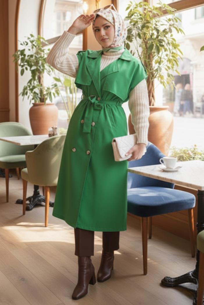 Kolsuz Oversize Kuşaklı Trençkot - Yeşil