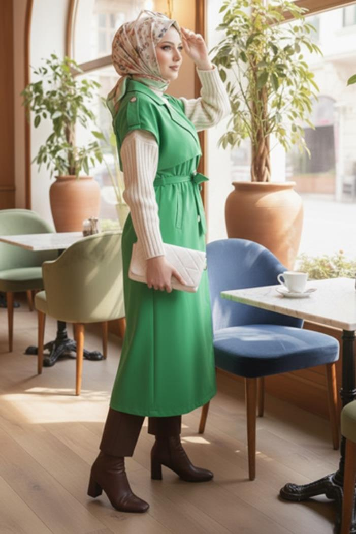 Kolsuz Oversize Kuşaklı Trençkot - Yeşil